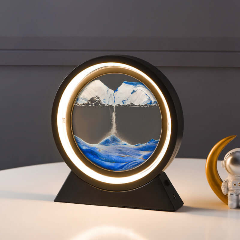 Moving Sand LED Table Lamp displaying flowing sand and soft ambient light for a calming atmosphere.